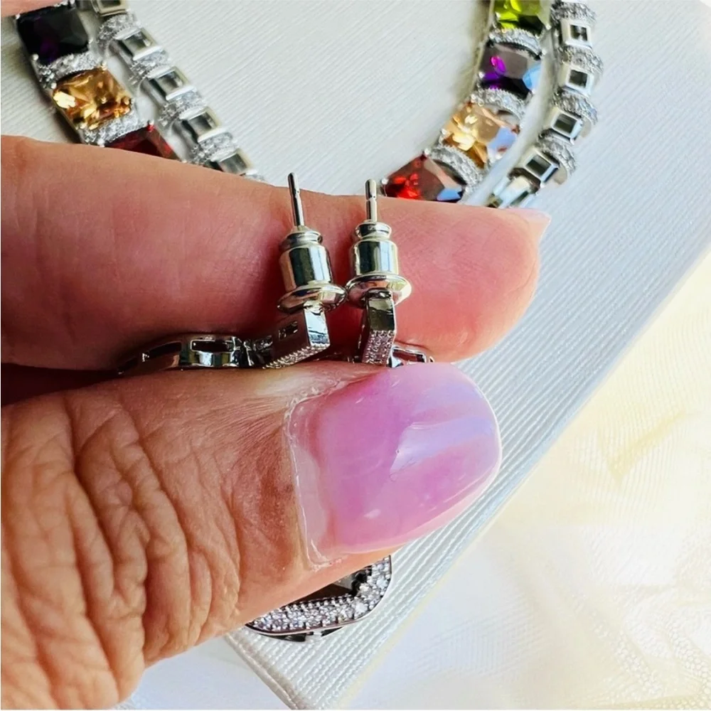 Swarovski Elements Amethyst Purple Emerald-cut Halo Earrings NEW - Picture 12 of 14